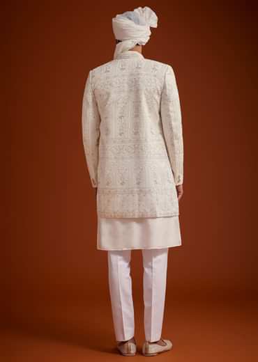 Off White Open Jacket Sherwani Set With Resham Work