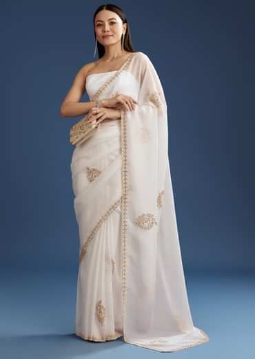 White Crushed Tissue Cutdana And Sequin Embroidered Saree
