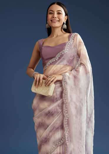 Lavender Shaded Glass Tissue Stone Embellished Saree With Cutdana And Beads