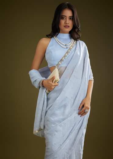 Light Blue Tissue Silk Saree With Stone Embellishment