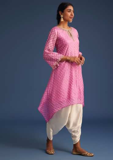 Pink Silk Bandhani Embroidered Asymmetrical Kurta Dhoti Set
