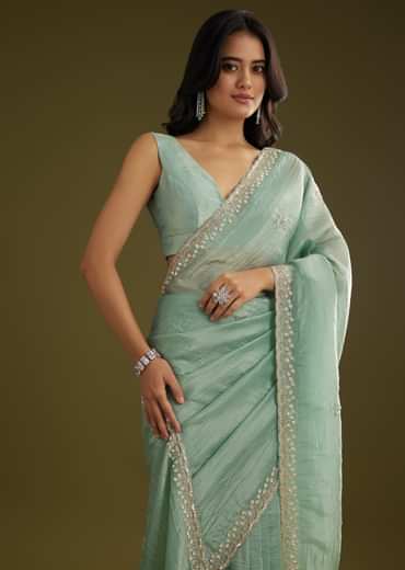 Sage Blue Crush Tissue Stone And Sequin Embroidered Saree With Scallop Border