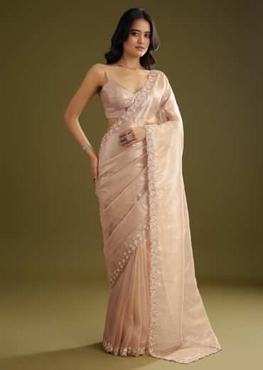 Pastel Peach Glass Tissue Stone Embellished Saree With Cutwork Border