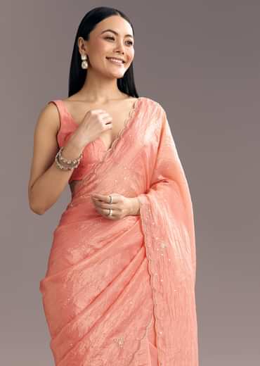 Dark Peach Crushed Tissue Embroidered Saree With Scallop Border