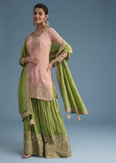 Peach And Green Tissue Palazzo Set With Zardosi And Sequins Work
