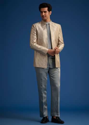 Blue Banarasi Silk Jodhpuri Suit With Pin Tuck Double Collar