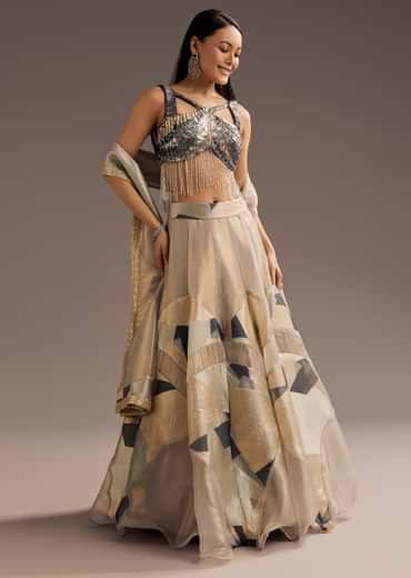 Grey Lurex Glitter Lehenga With Organza Dupatta