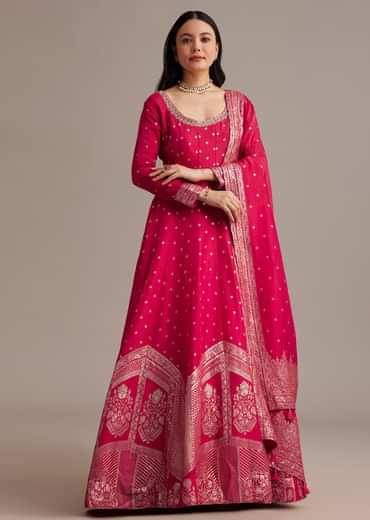 Rani Pink Gold Weave Anarkali Set With Banarasi Dupatta