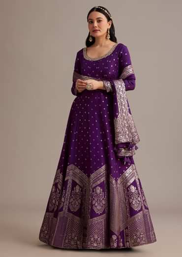 Dark Purple Gold Weave Anarkali Set With Banarasi Dupatta