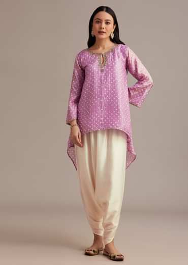 Lavender Bandhani High Low Kurta Set With Dhoti