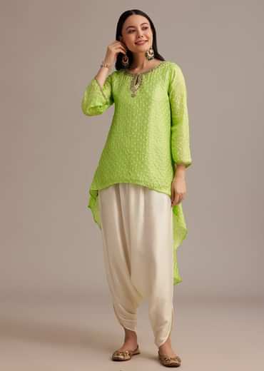 Light Green Bandhani High Low Kurta Set With Dhoti