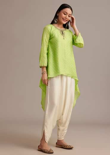 Light Green Bandhani High Low Kurta Set With Dhoti