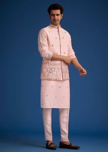 Baby Pink Tussar Kurta Jacket Set With Mirror Embroidery