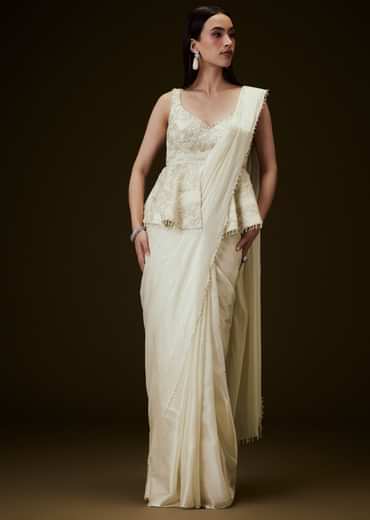 Ivory Embroidered Peplum Top With Saree