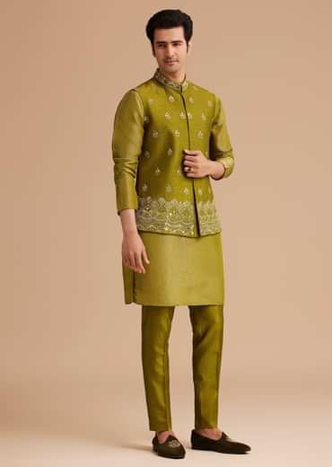 Yellow Tissue Kurta Jacket Set With Resham And Mirror Embroidery