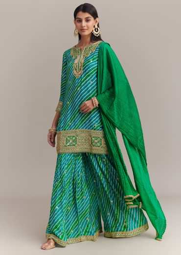 Turquoise Green Chinon Leheriya Embroidered Sharara Set