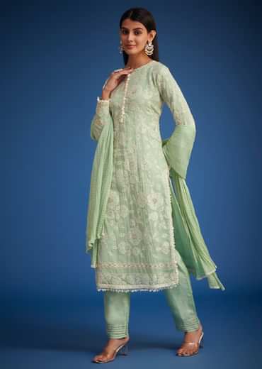 Pista Green Organza Embroidered Straight Kurta Set