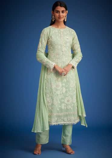 Pista Green Organza Embroidered Straight Kurta Set