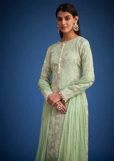 Pista Green Organza Embroidered Straight Kurta Set