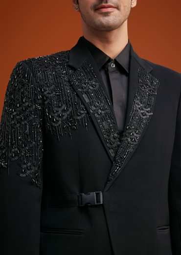 Black Tuxedo With Asymmetric Beaded Embellishments