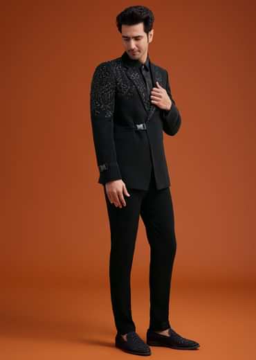 Black Tuxedo With Asymmetric Beaded Embellishments