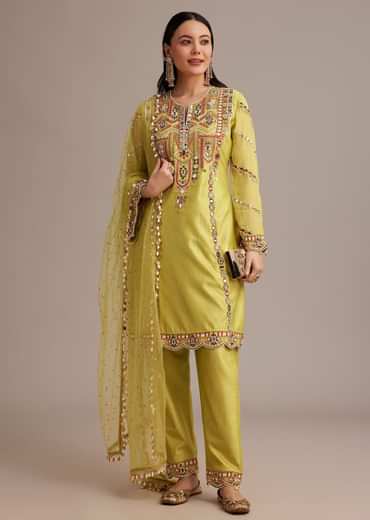 Lemon Yellow Silk Kurta Set With Mirror And Thread Work