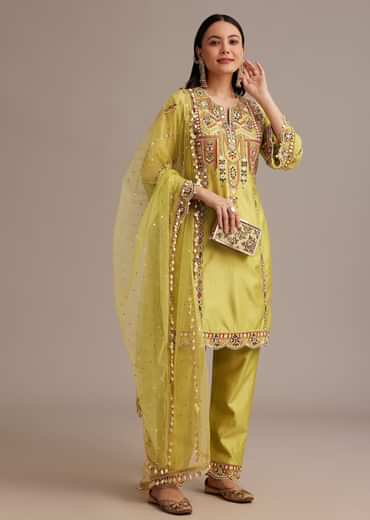Lemon Yellow Silk Kurta Set With Mirror And Thread Work