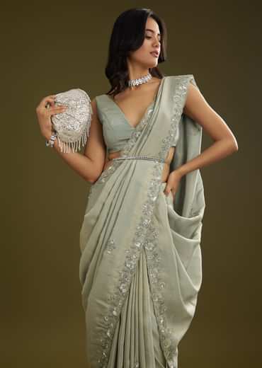 Sage Green Tissue Floral Embroidered Saree With Cutdana And Sequin Work