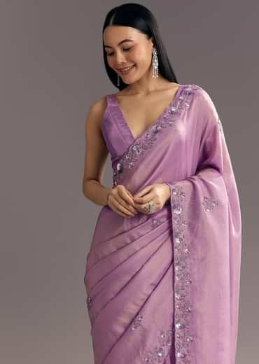 Light Lavender Tissue Saree With Floral Embroidered Scallop Border