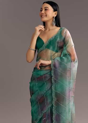 Purple Green Shaded Organza Saree With Cutdana Sequin Embroidery