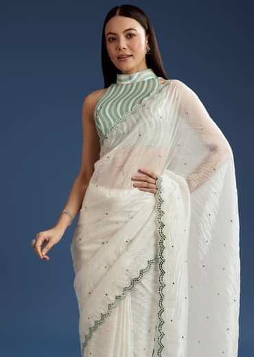 White Tissue Saree With Contrast Border