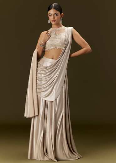 Ivory Lycra Draped Saree With Embroidered Blouse