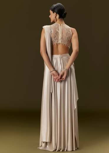 Ivory Lycra Draped Saree With Embroidered Blouse