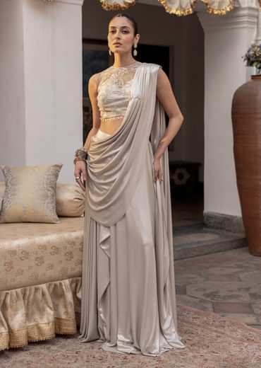 Ivory Lycra Draped Saree With Embroidered Blouse