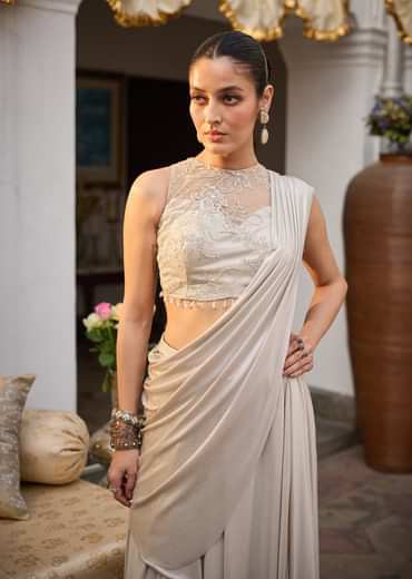 Ivory Lycra Draped Saree With Embroidered Blouse