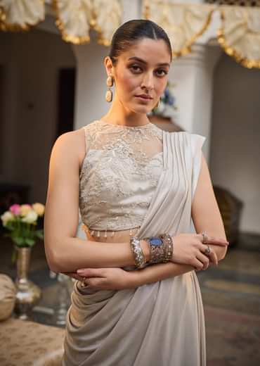 Ivory Lycra Draped Saree With Embroidered Blouse