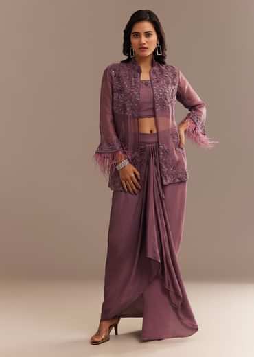 Faded Wine Sequined Jacket Draped Skirt Set