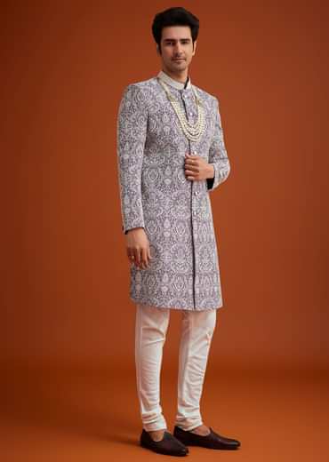 Purple Silk Sherwani Set With Bead Work