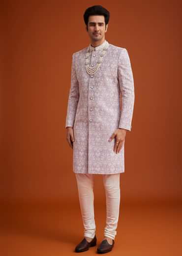Pink Silk Sherwani Set With Bead Work On Collar