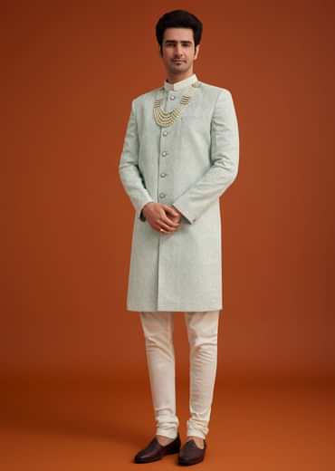 Pista Green Silk Sherwani Set With Bead Work
