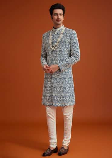 Blue Monga Silk Sherwani With Embroidery And Beadwork