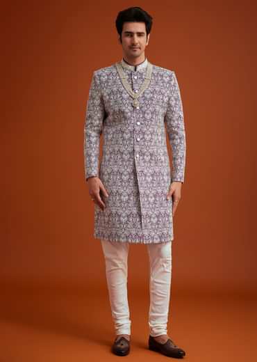 Purple Silk Sherwani Set With Bead Work And Embroidery
