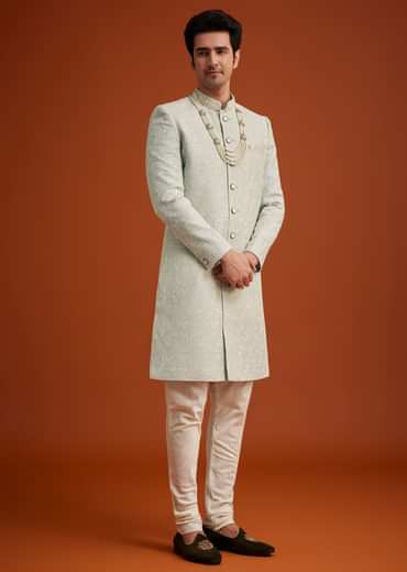 Pista Green Silk Sherwani Set With Beads Embroidery On Collar