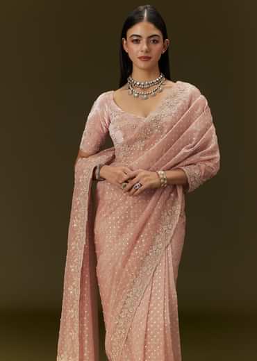 Peach Banarasi Tissue Saree With Velvet Embroidered Blouse