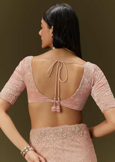 Peach Banarasi Tissue Saree With Velvet Embroidered Blouse