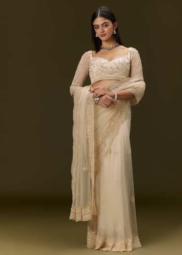 Beige Net Saree With Heavy All Over Embroidery