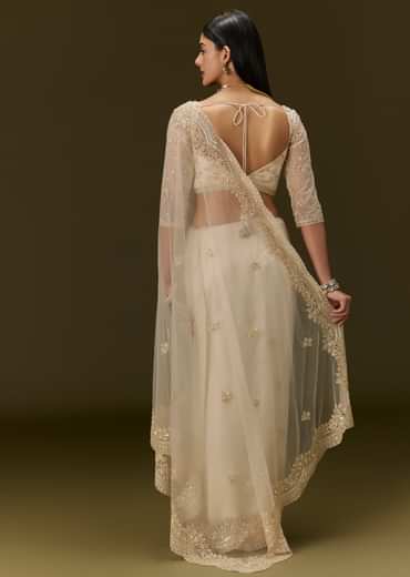 Beige Net Saree With Heavy All Over Embroidery