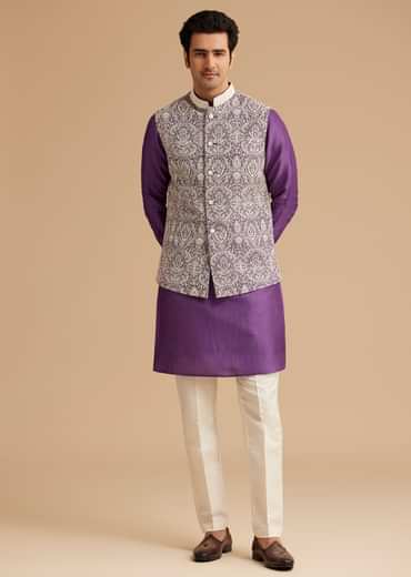 Purple Kurta Jacket Set With Resham Embroidery And Handworked Collar