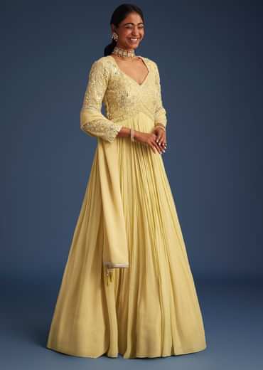 Light Yellow Georgette Anarkali With Mirror And Sequin Work