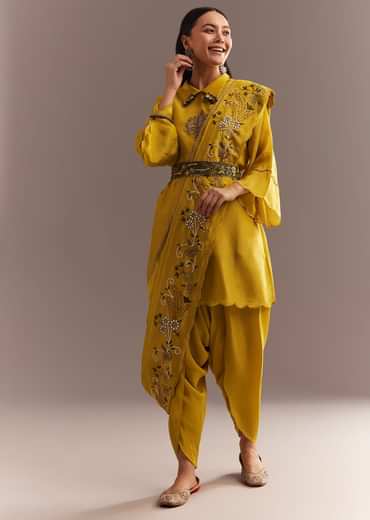 Mustard Tissue Embroidered Kurta Dhoti With Pre Draped Dupatta And Belt